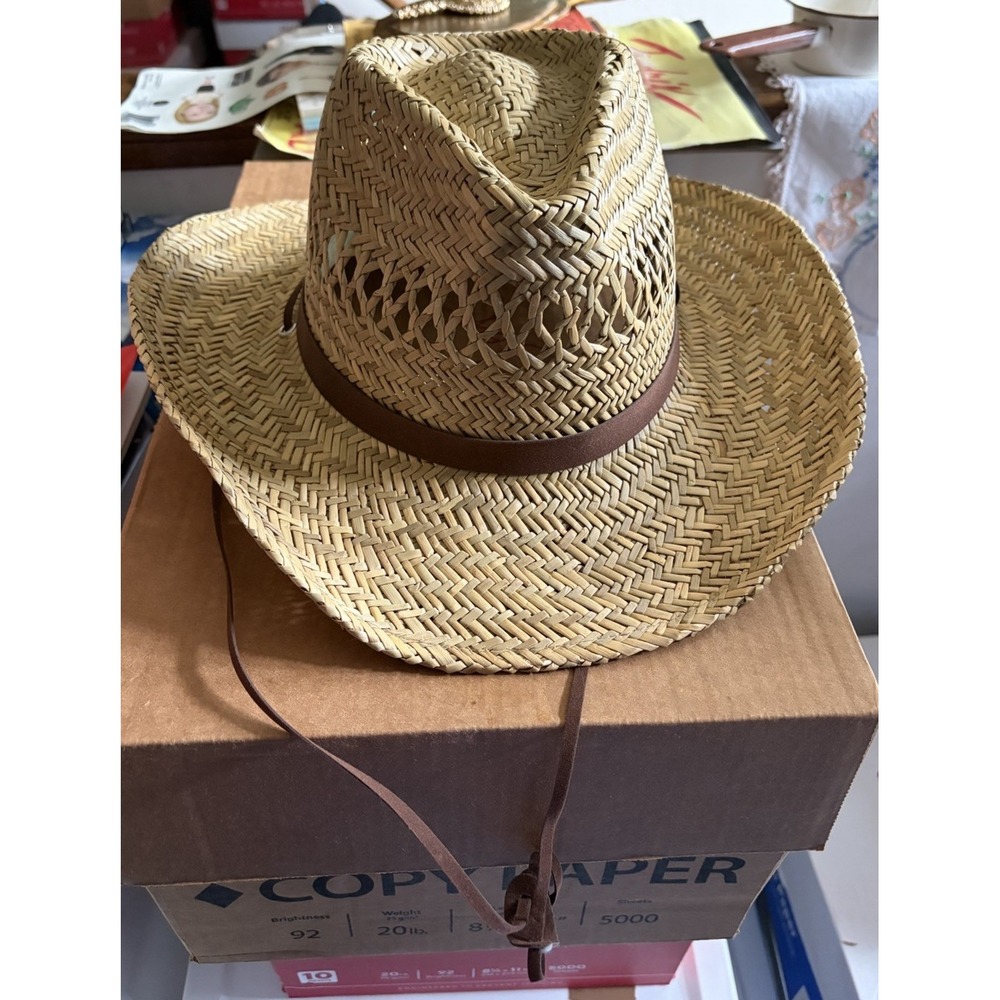 Broner  Ventilated Western Straw Cowboy Hat Leather Chin Strap Size Large
